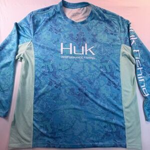 Huk Performance Fishing Shirt Mens XXL Blue‎ Camo Long Sleeve Breathable Graphic